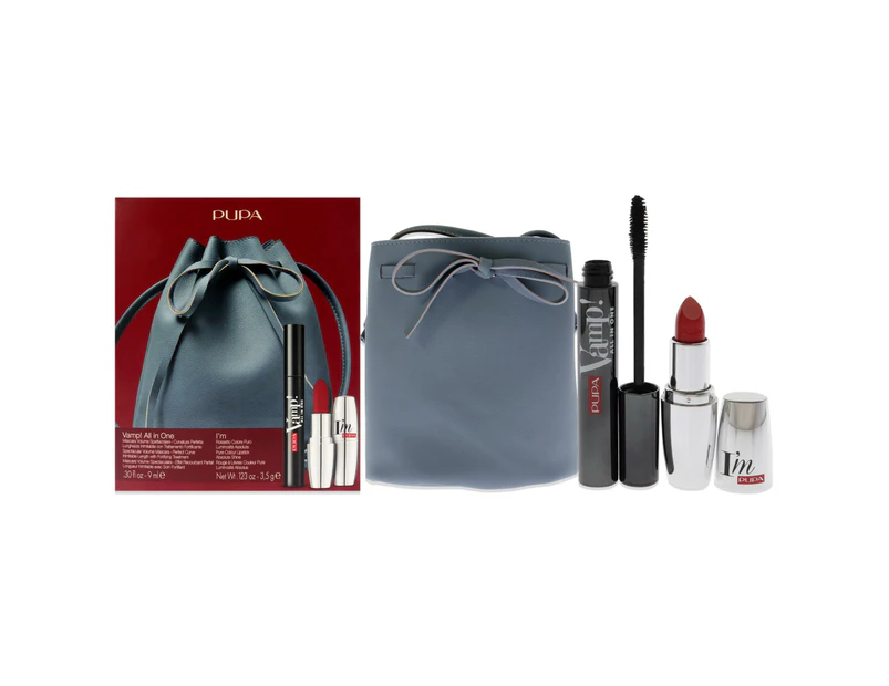 Pupa Milano Vamp! All In One and I Am Set For Women 3 Pc 0.30oz Vamp! All In One Mascara - 101 Black, 0.123oz Lipstick - 303, Bucket Bag