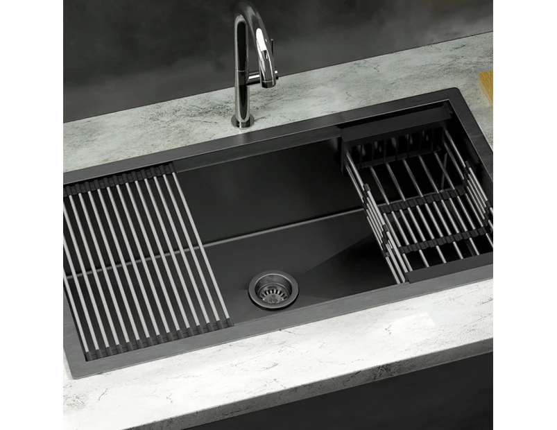 Cefito Kitchen Sink 81X45CM Stainless Steel Single Bowl Drain Rack Basket Black