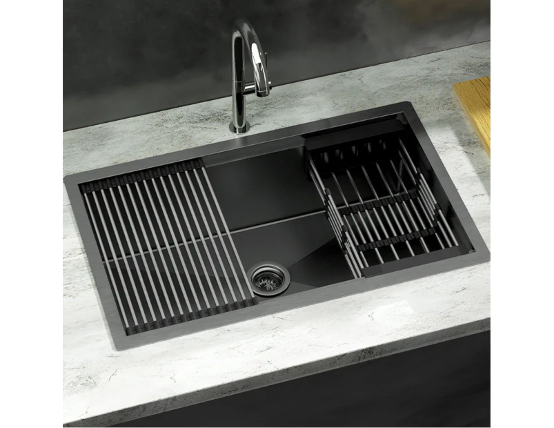 Cefito Kitchen Sink 70X45CM Stainless Steel Single Bowl Drain Rack Basket Black