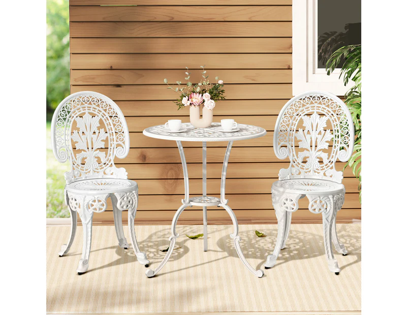 Gardeon 3PC Patio Furniture Outdoor Bistro Set Dining Chairs Cast Aluminium White