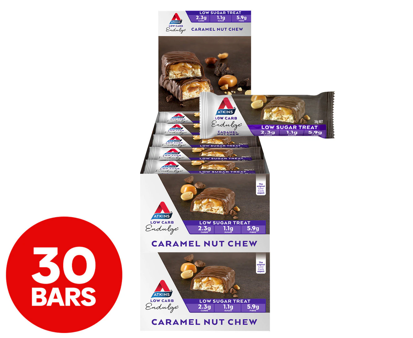 2 x 15pk Atkins Low Carb Caramel Nut Chew Bars 34g