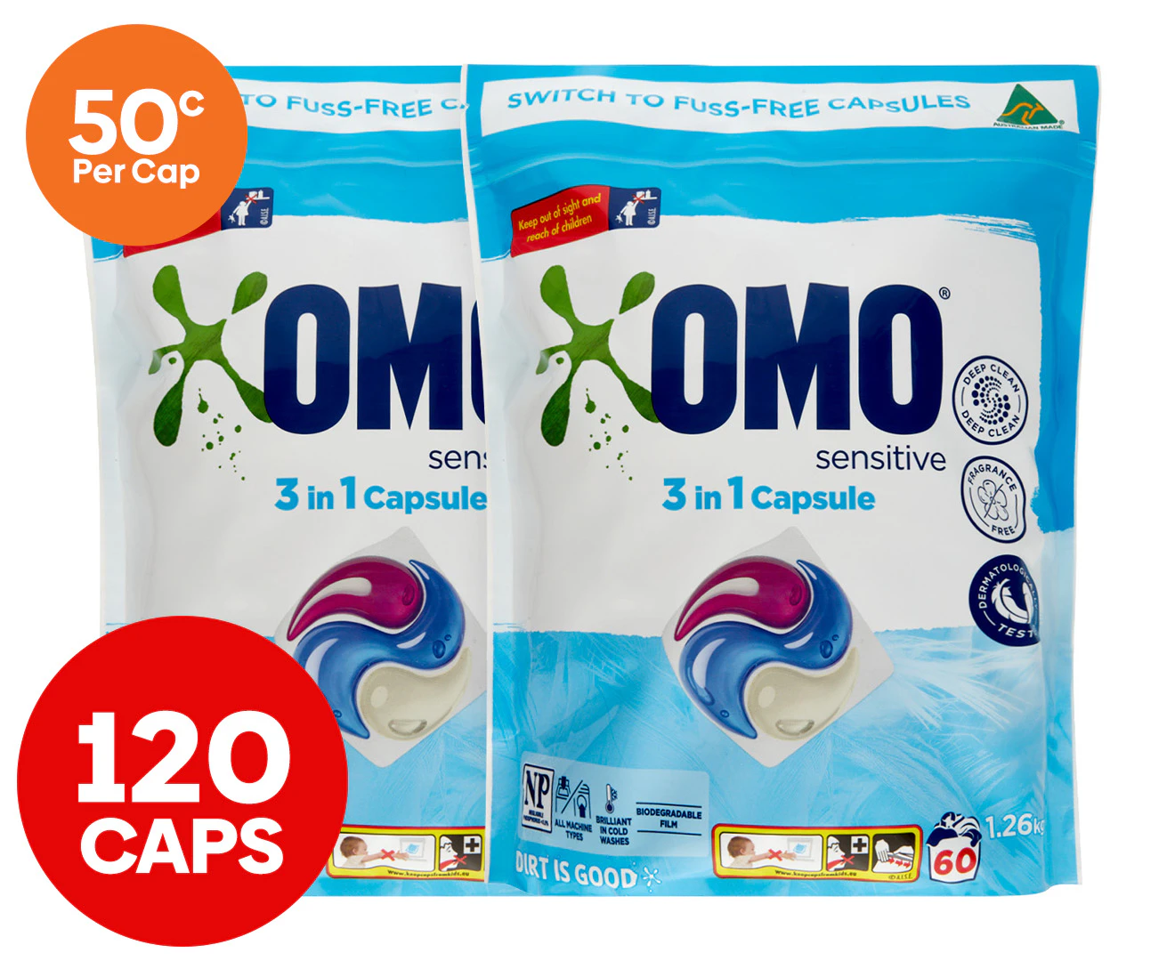 2 x 60pk OMO Sensitive 3-in-1 Laundry Detergent Capsules