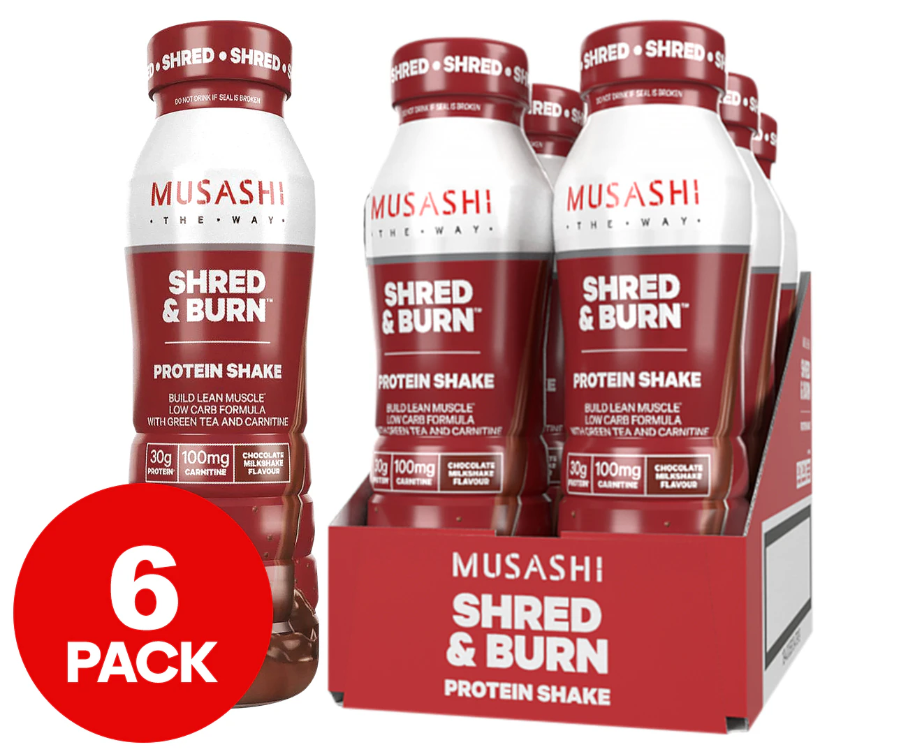 6 x Musashi Shred & Burn Protein Shakes Chocolate 375mL