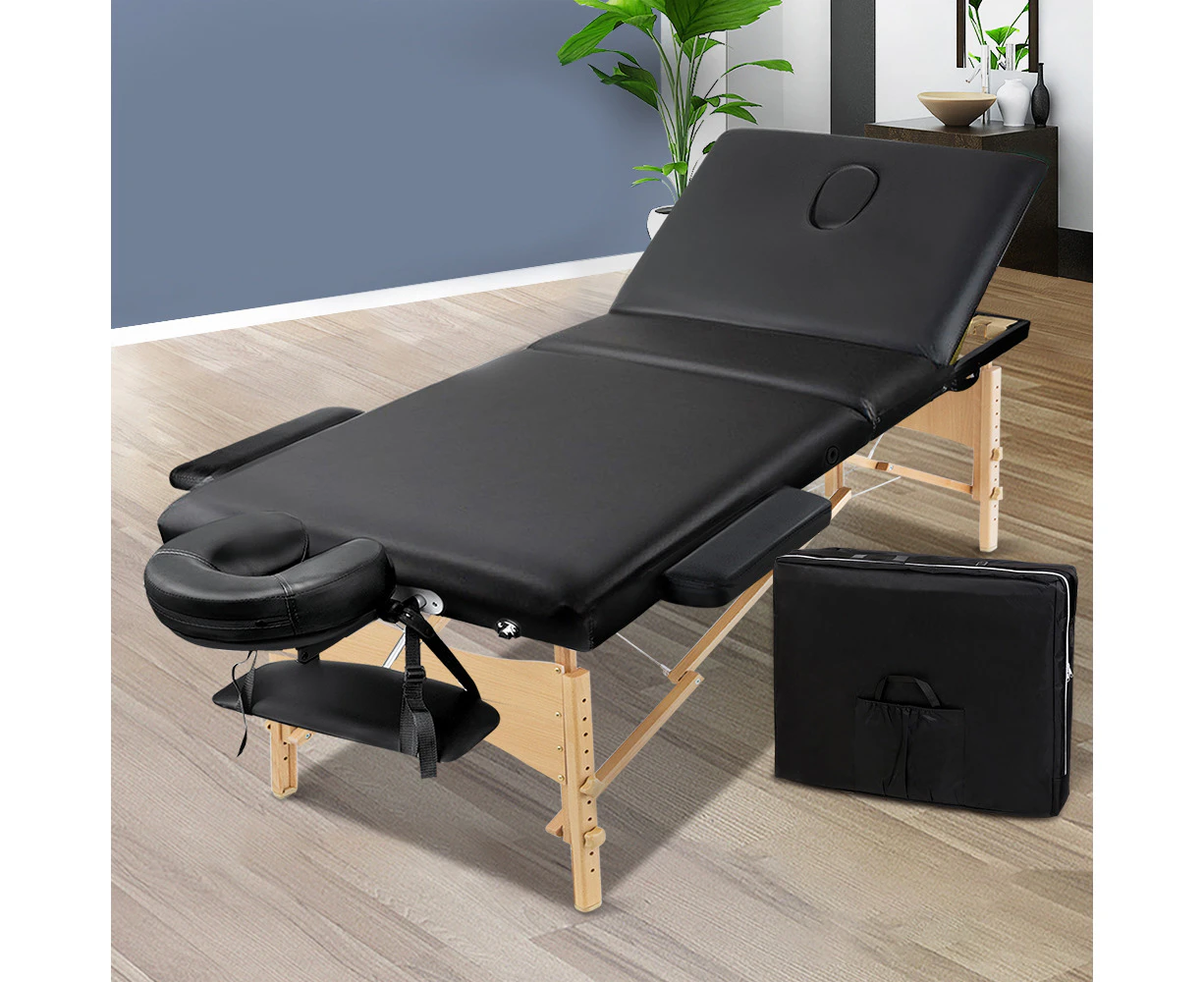 Zenses Massage Table 75cm Portable 3 Fold Wooden Beauty Bed Black