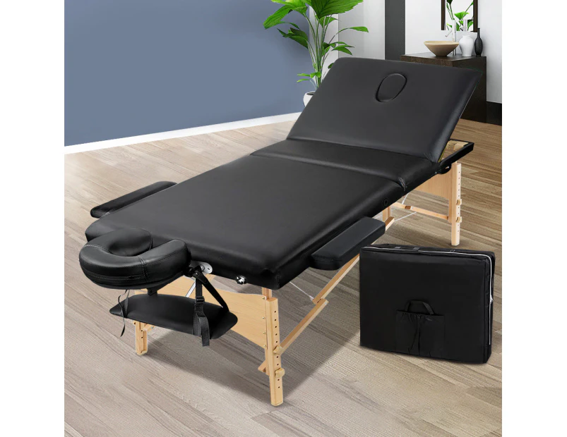 Zenses Massage Table 60cm Portable 3 Fold Wooden Beauty Bed Black