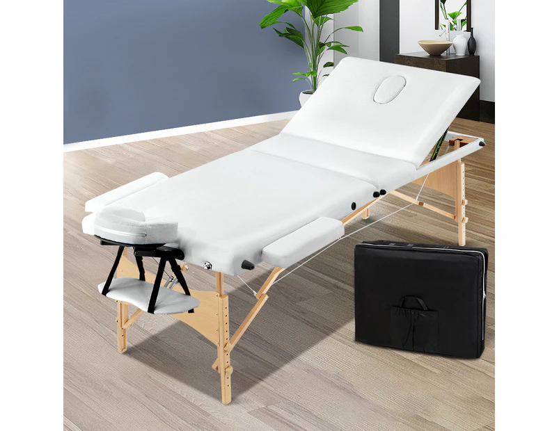 Zenses Massage Table 70cm Portable 3 Fold Wooden Beauty Bed White