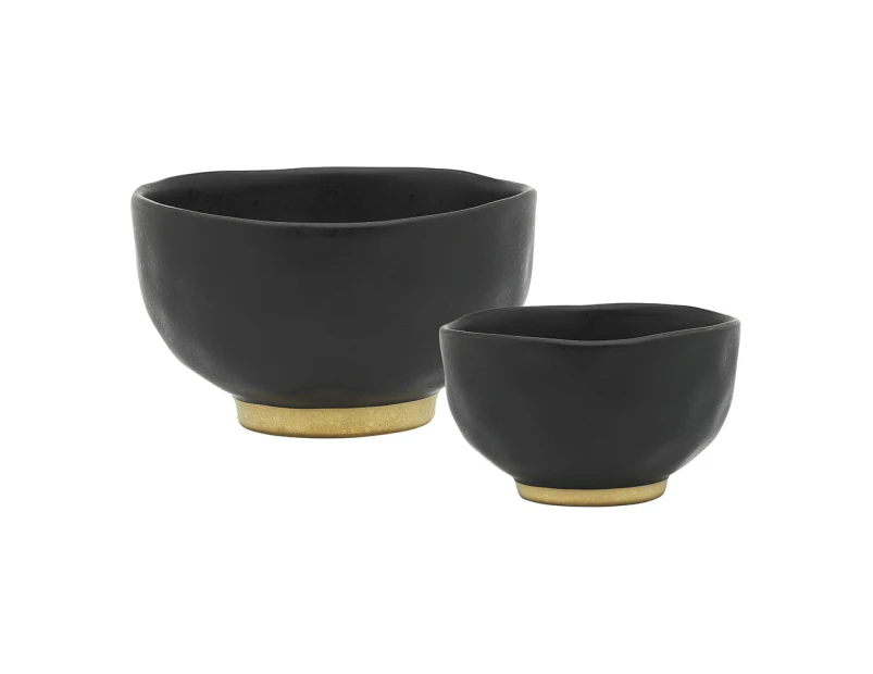 2pc Ecology Speckle Stoneware Footed Bowls, Ebony w/ Gold Base Set 11.5 & 15cm