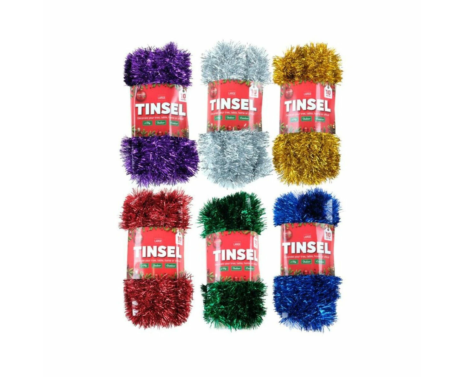 Christmas by SAS [6PK] Christmas Tinsel, 2 Ply, Large, Red, Gold, Green, Silver, Blue and Purple - 10m x 5cm