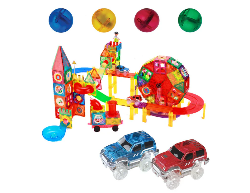 228 Piece Magnetic Tile Marble Run and Race Car Truck Combo Toy Play Set Building Block & Learn XMAS GIFT