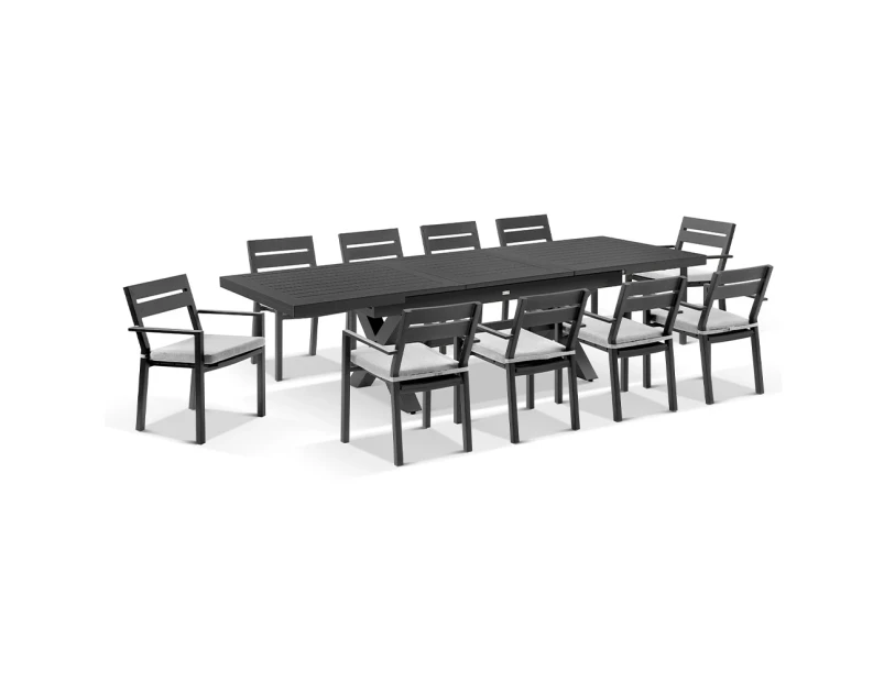 Austin Outdoor 2.2m - 3m Extension Aluminium Table with 10 Santorini Dining Chairs - Outdoor Aluminium Dining Settings - Charcoal