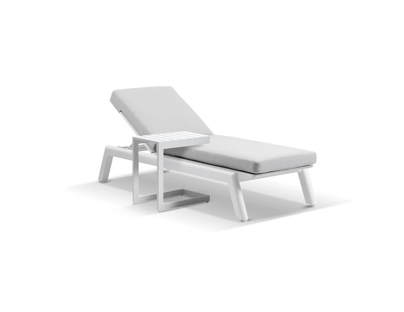 Outdoor Bondi Outdoor Aluminium Sun Lounge With Santorini Slide Under Side Table - Outdoor Sun Lounges - White Aluminium with Olefin Light Grey Cushions