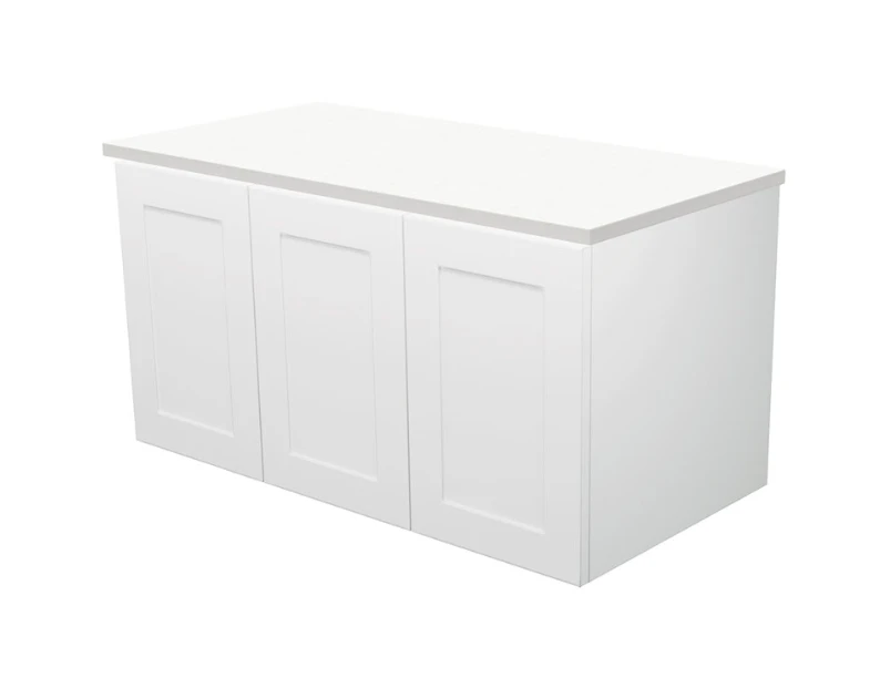 900mm Left Drawer Mila Satin White Wall-Hung Cabinet With Kaya Point Knob Matt black Handle