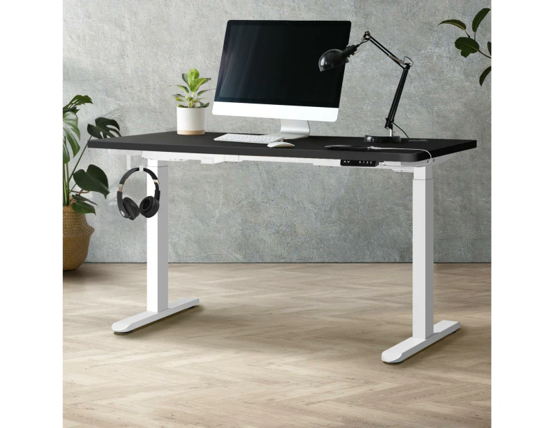 Oikiture 140cm Electric Standing Desk Dual Motor White Frame Black Desktop