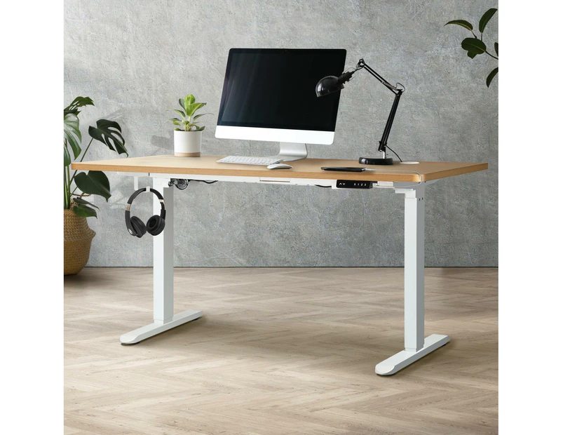 Oikiture 140cm Electric Standing Desk Single Motor White Frame OAK Desktop