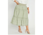 BeMe - Plus Size - Womens -  Cotton Broderie Tiered Skirt - Khaki On