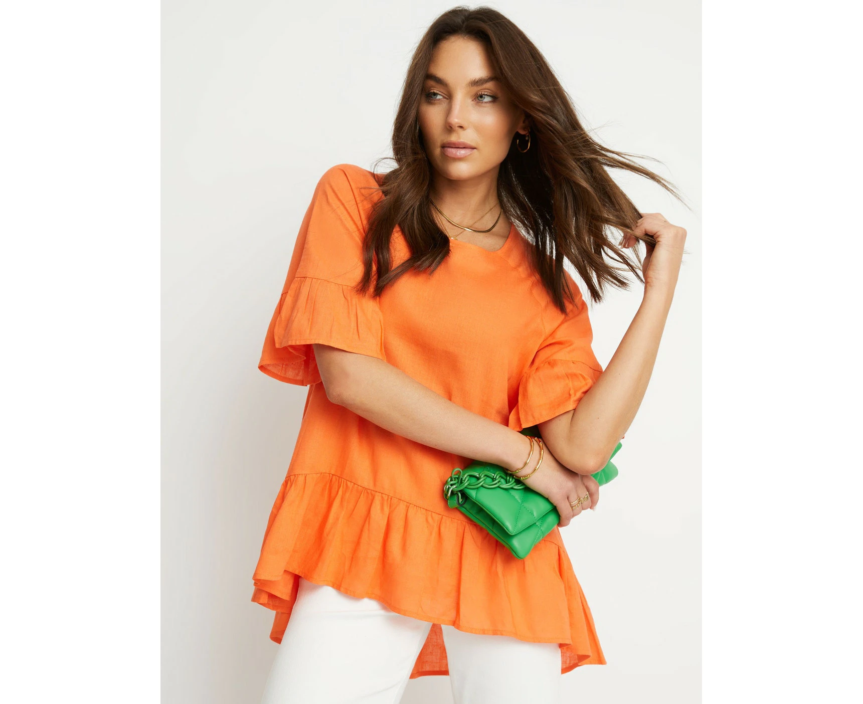 Rockmans - Womens Summer Tops - Orange Basic - Linen - Vivid - Work Clothes - Elbow Sleeve - Frill And Hem Button Backtop - Casual Fashion Office Wear