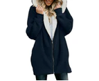 Fleece Coat for Women,Women's Oversized Zip Up Hooded Jacket Sherpa Coat-Navy