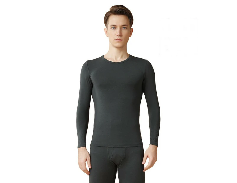 Thin Men's Round Neck Thermal Underwear Set - Modal Cotton Fabric Bottoming Tops and Long Pants-Forest Green
