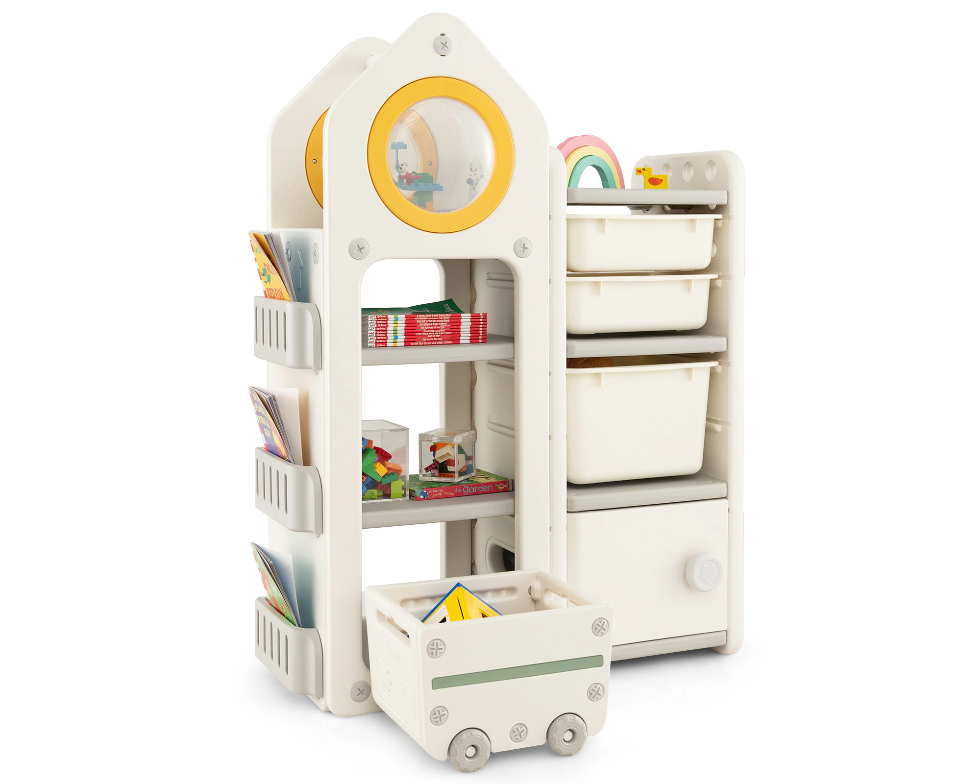 Giantex Kids Toy Organiser Storage Cabinet 3-Side Bookshelves Bookcase w/Trolley & 3 Pull-out Boxs Playroom Living Room