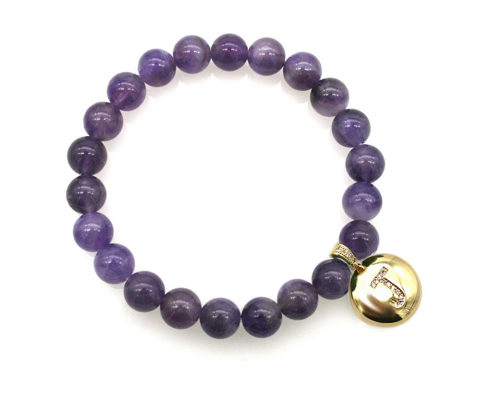 Georgiadis Amethyst Natural Gemstone & CZ Personalized Initial Letter Charm Stretch Beaded Bracelet.