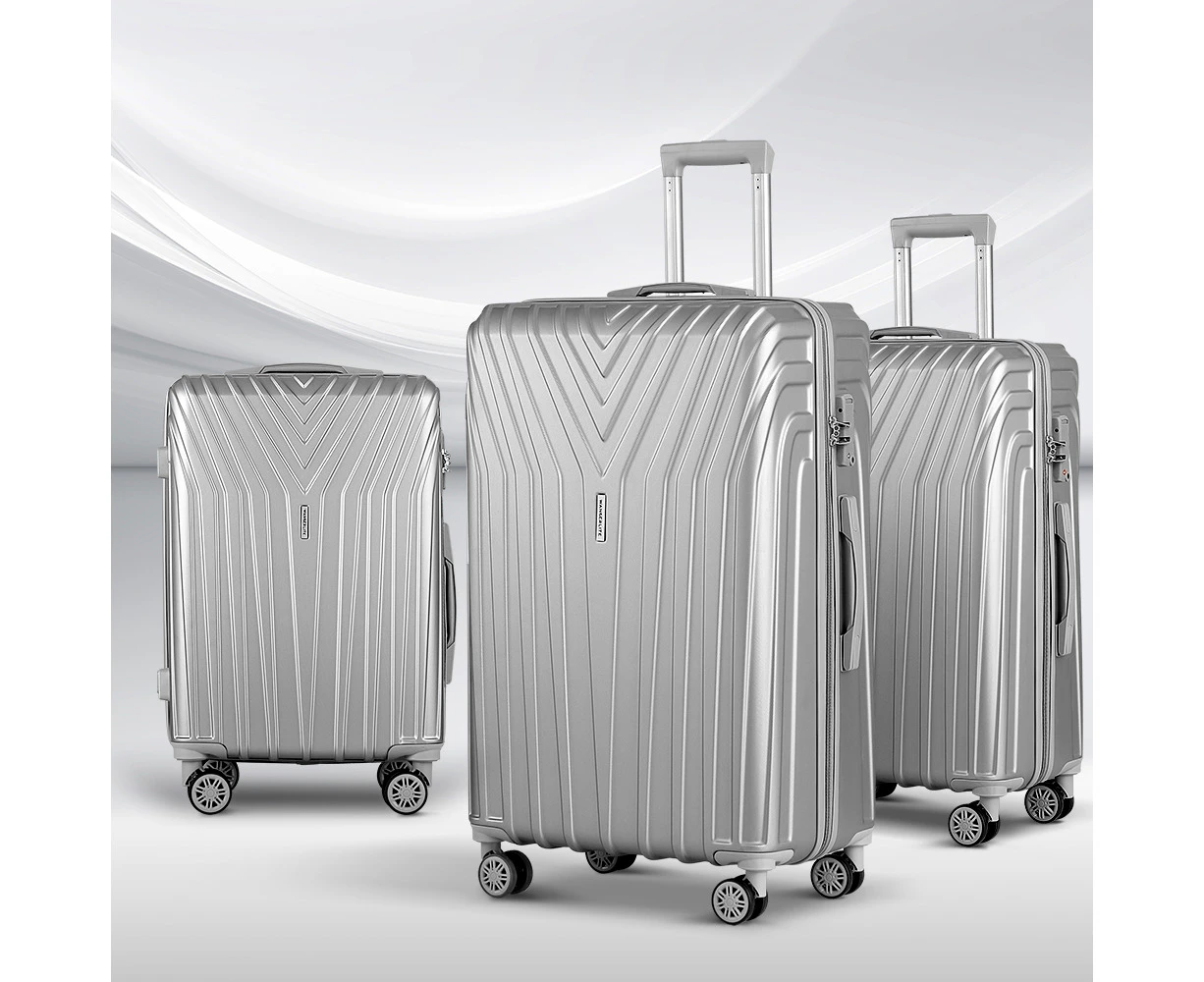 Wanderlite 3pc Luggage Trolley Set Suitcase Travel TSA Hard Case Carry On Silver Lightweight