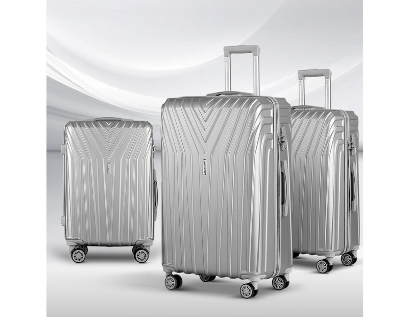 Wanderlite 3pc Luggage Trolley Set Suitcase Travel TSA Hard Case Carry On Silver Lightweight