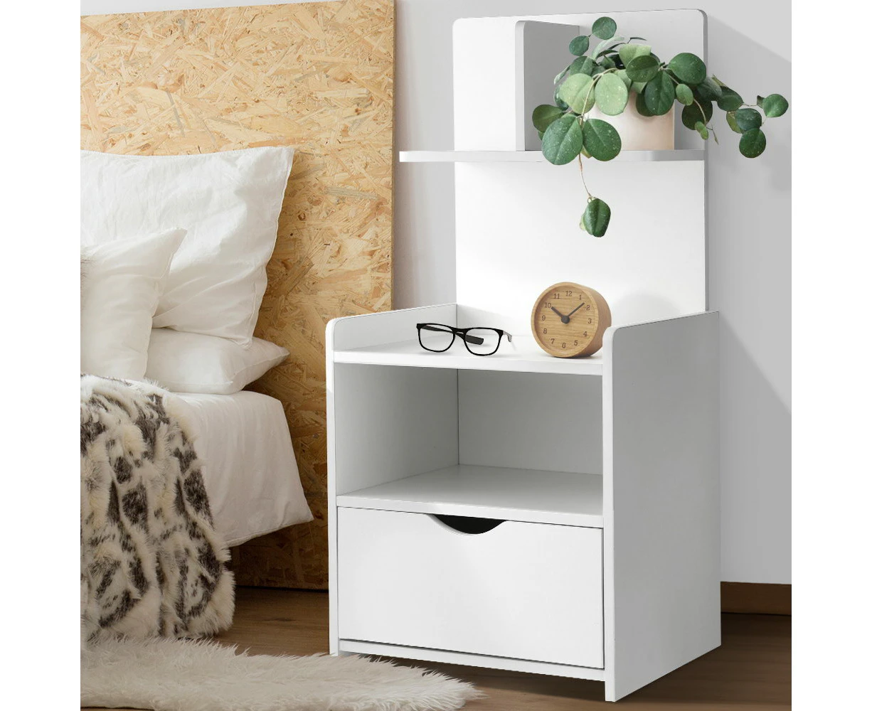 Artiss Bedside Table 1 Drawer with Shelves - EVERMORE White