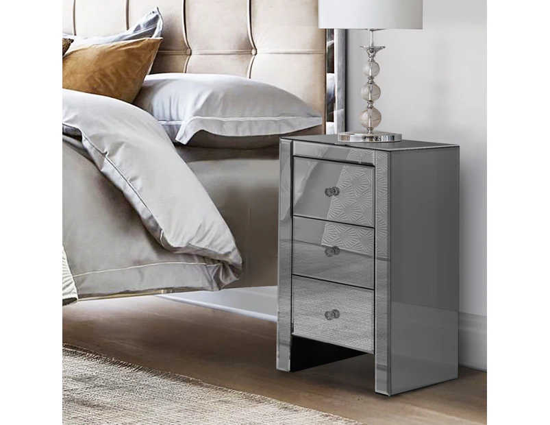 Artiss Bedside Table 3 Drawers Mirrored Glass - QUENN Grey