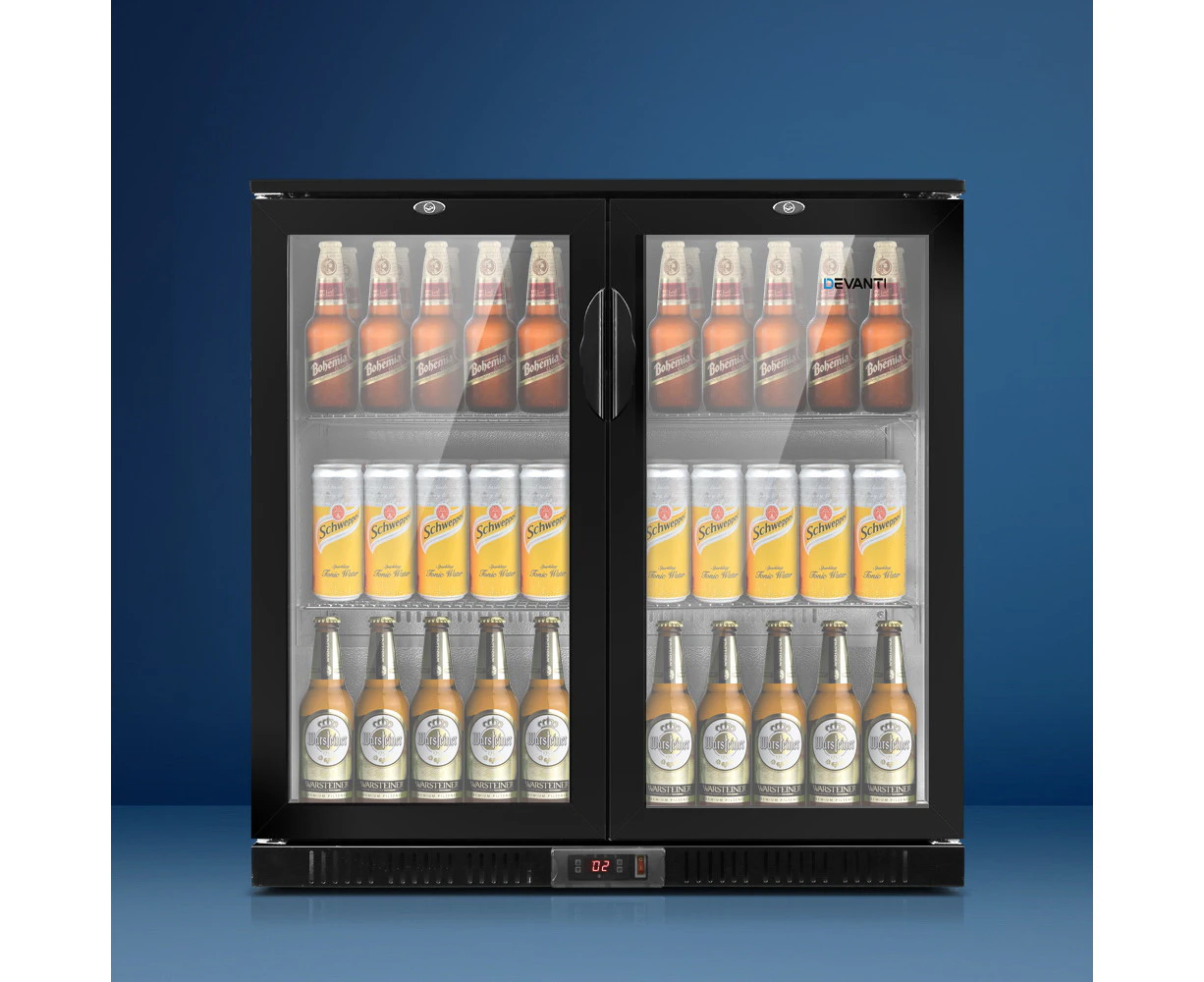 Devanti 198L Bar Fridge Dual Glass Door w/Light Black