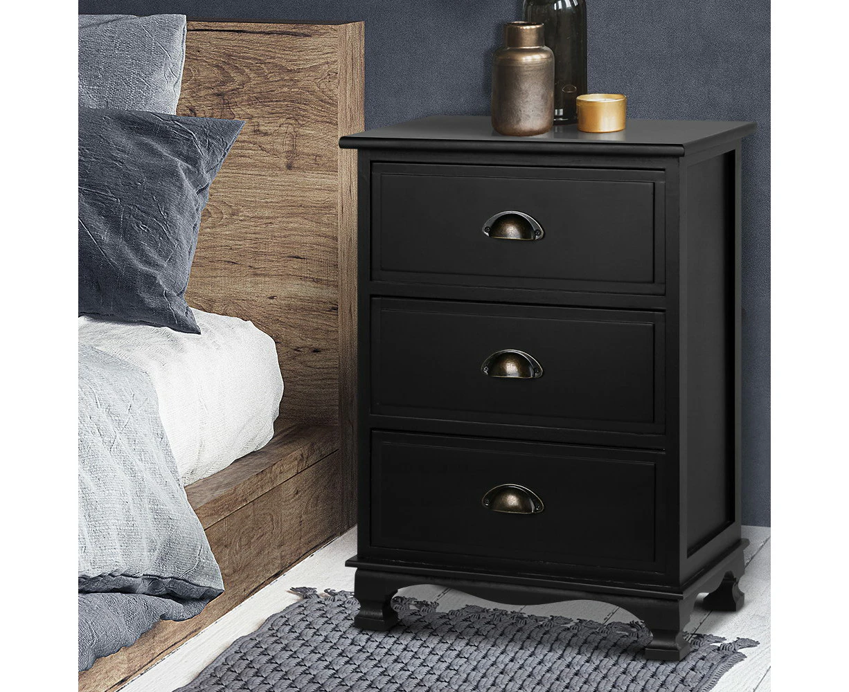 Artiss Bedside Table 3 Drawers Vintage - THYME Black