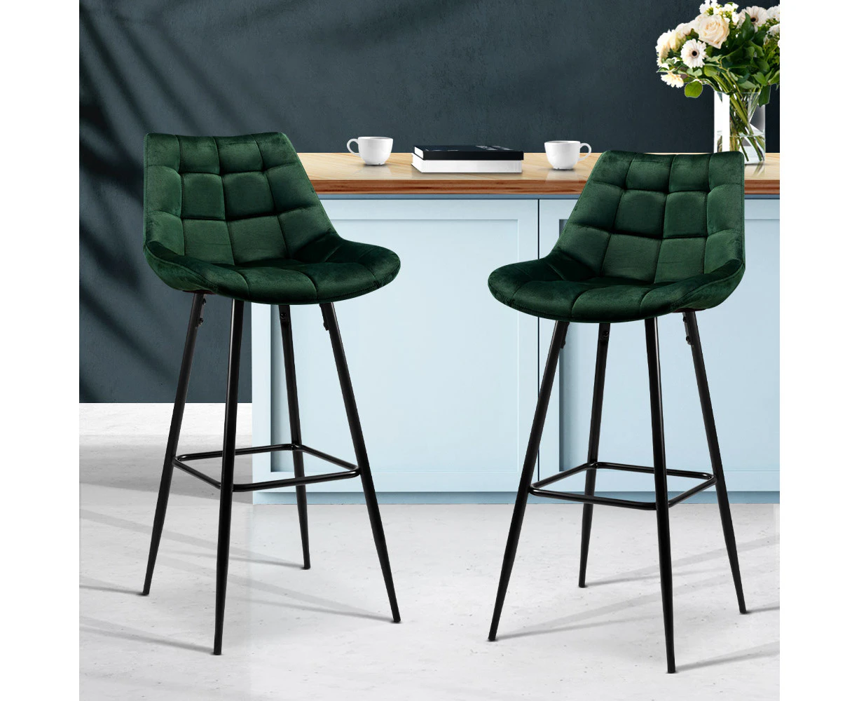 Bar Stools Set of 2 Kitchen Stool Chairs Velvet Seat Green