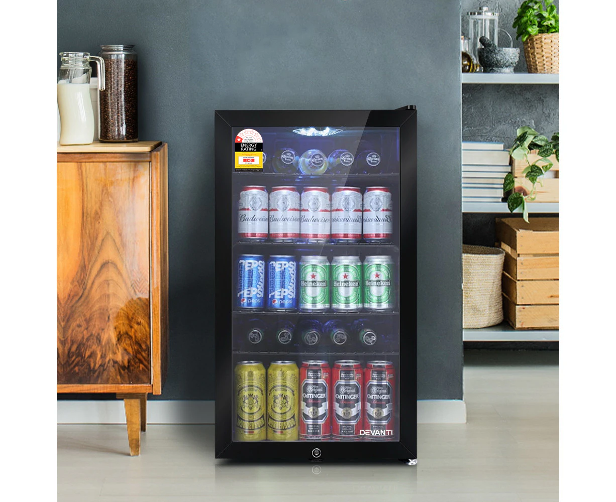 Devanti 98L Bar Fridge Freezer Glass Door Mini Fridges Black