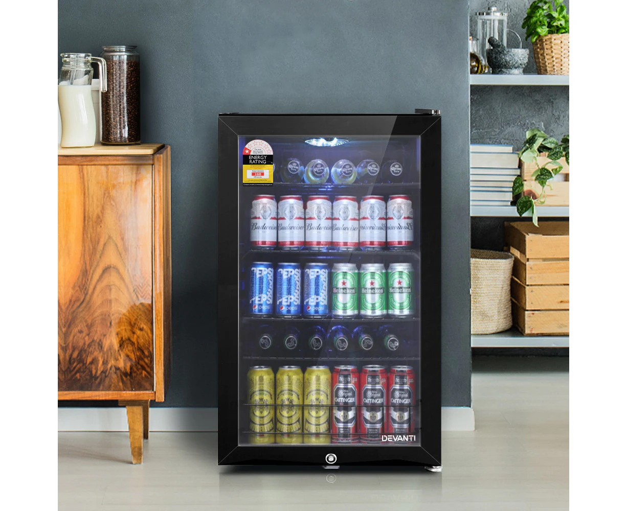 Devanti 130L Bar Fridge Freezer Glass Door Mini Fridges Black