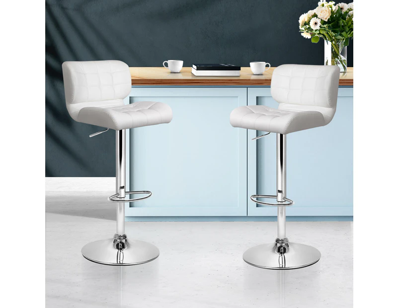 Bar Stools Set of 2 Gas Lift Leather Kitchen Stool Chairs White