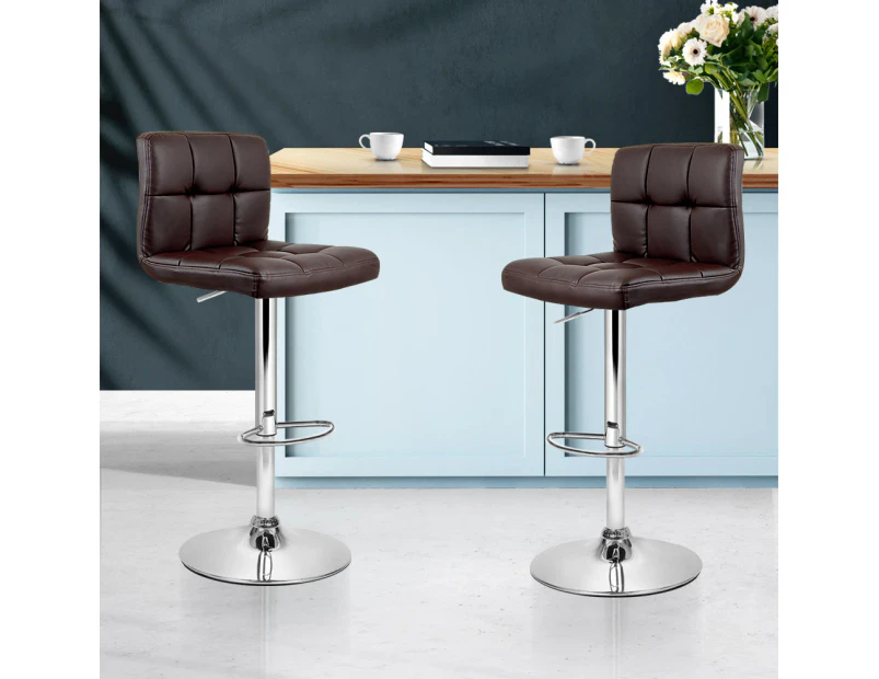 Artiss 2x Bar Stools Leather Gas Lift Brown