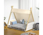 Oikiture Kids Bed Frame Wooden Timber Single Canvas Teepee Bed Frame Platform - Cream