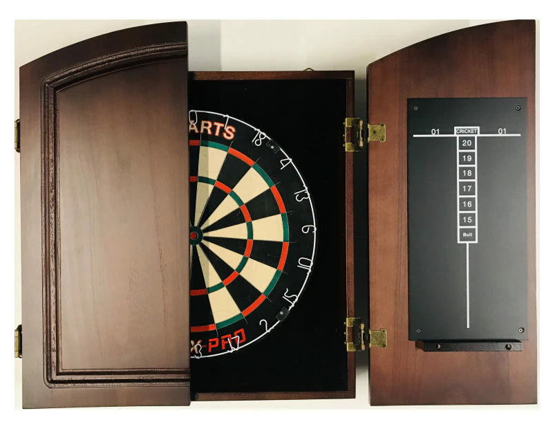 TEX PRO BLADE Dart Board Set Solid Wood Cherry Cabinet and Darts