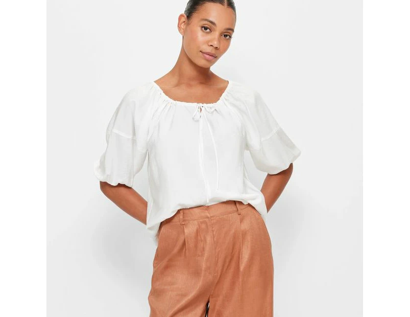 V-Neck Puff Sleeve Blouse - Preview - White