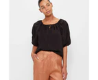 V-Neck Puff Sleeve Blouse - Preview - Black