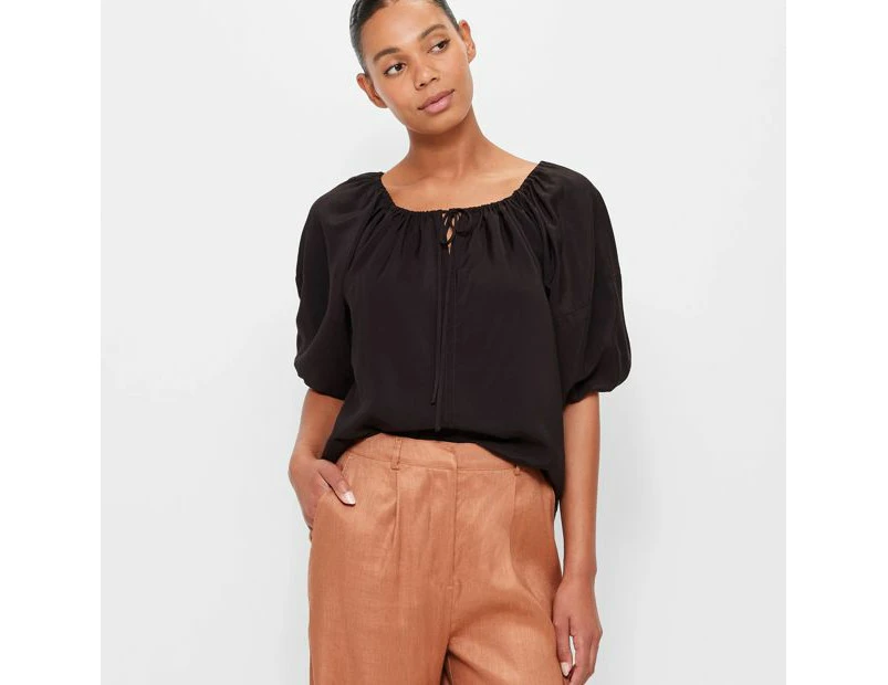 V-Neck Puff Sleeve Blouse - Preview - Black