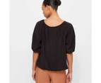 V-Neck Puff Sleeve Blouse - Preview - Black