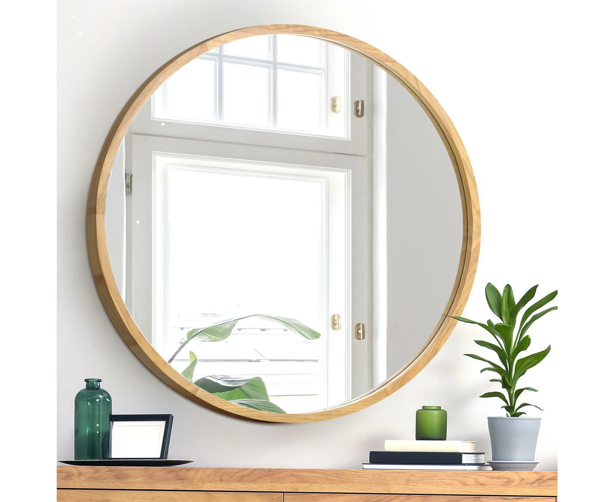 Oikiture 90cm Wooden Wall Mirrors Round Large Makeup Mirror Vanity Home Decor