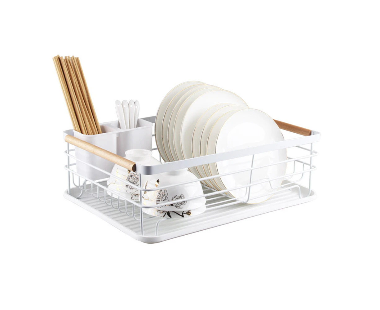 Kitchen Galleria 45cm Dish Drying Rack Storage Organiser w/ Wood Handles White