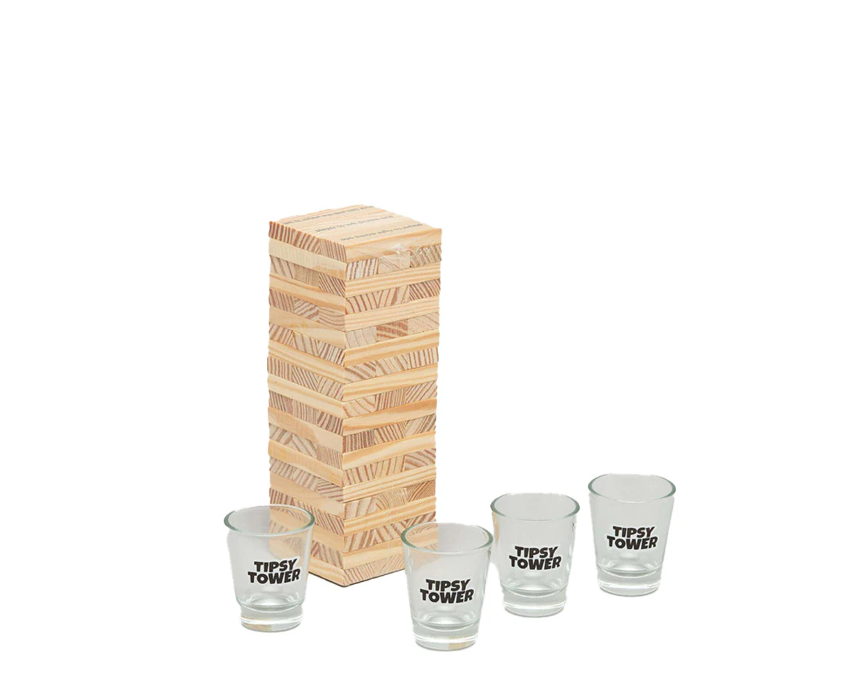 5pc Razoo Wooden Tipsy Tower w/ Shot Glasses Adult Drinking Party Game Set NTRL