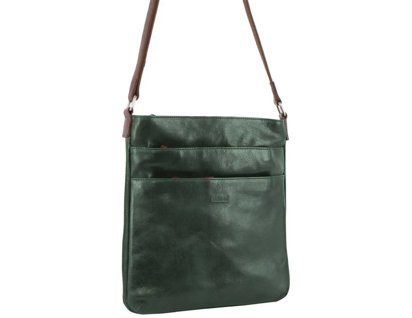 Milleni Ladies Nappa Leather Zip Closure Cross Body Bag Travel - Emerald/Chestnut