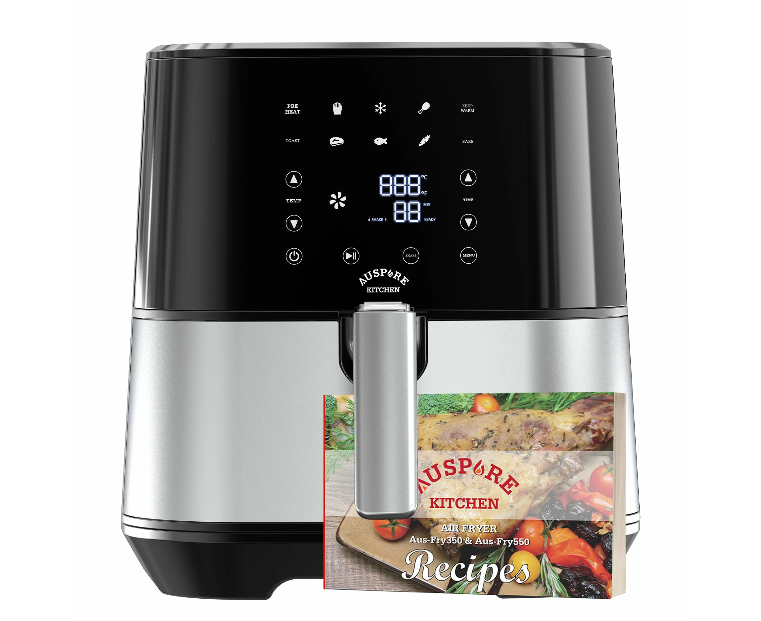 Auspure Air Fryer 3.5L Premium Digital, with 100 recipes Cookbook 10 Cooking Functions, Stainless Steel, Bake, Timer, Shake Reminder Black