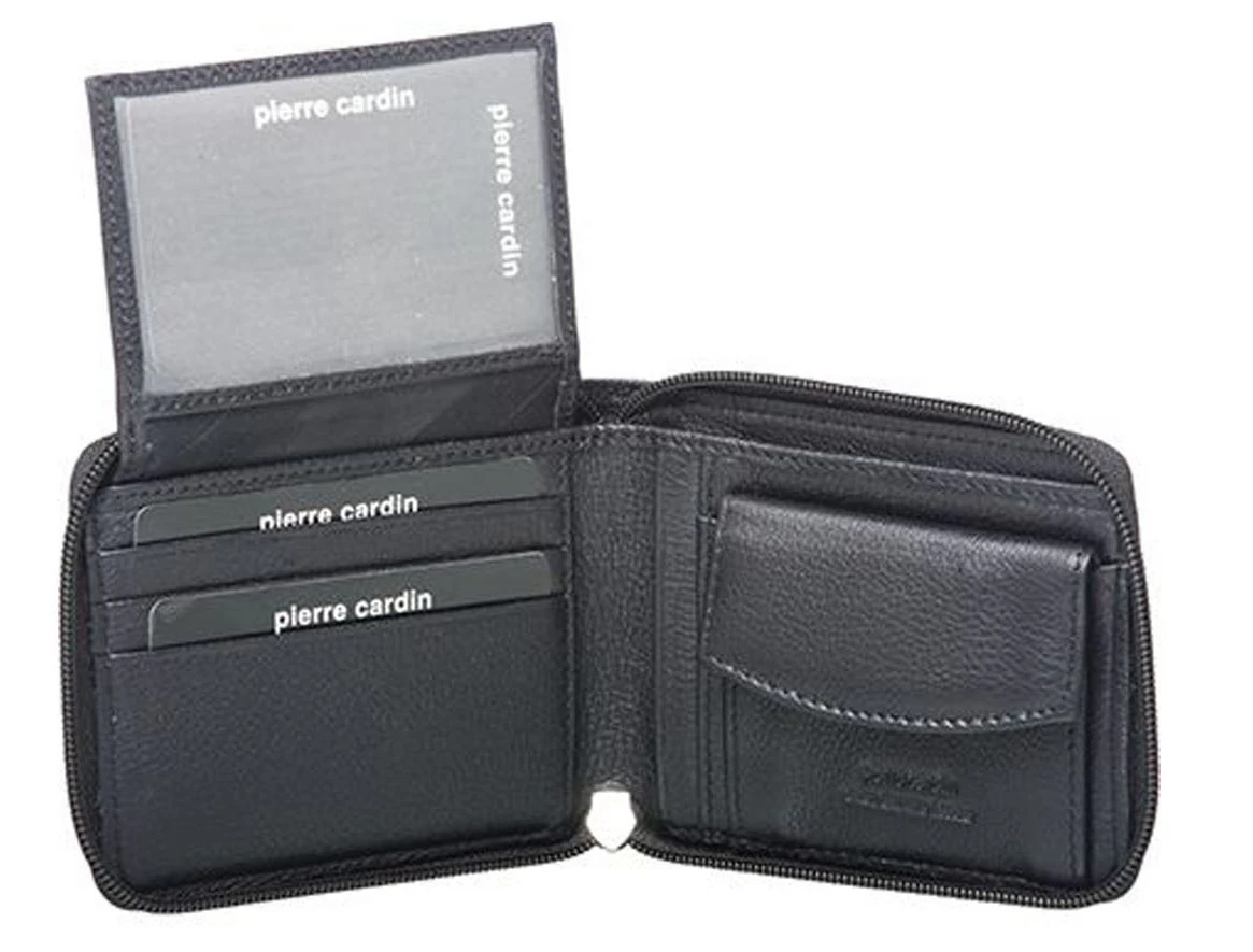 PIERRE CARDIN MENS ZIP RFID PROTECTED WALLET  Italian Leather BLACK