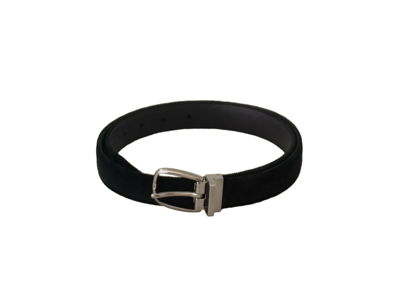 Engraved Metal Buckle Velvet Belt - Black