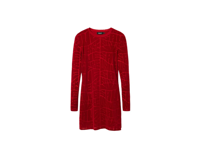 Red Plain Long Sleeve Round Neck Dress - Red
