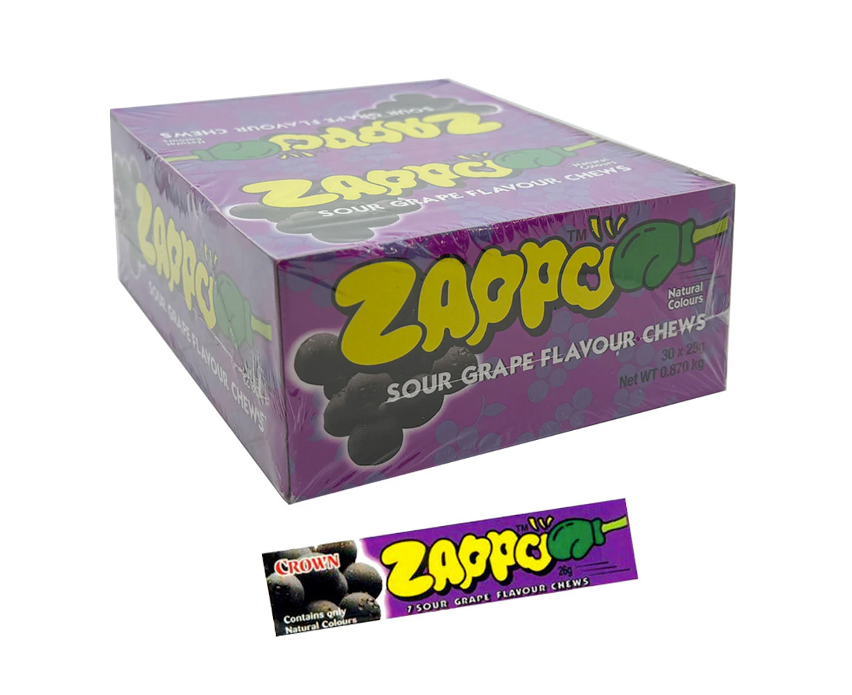 30pc Zappo 29g Lolly Soft Chews Kids/Children Party Pack Sour Grape Flavour